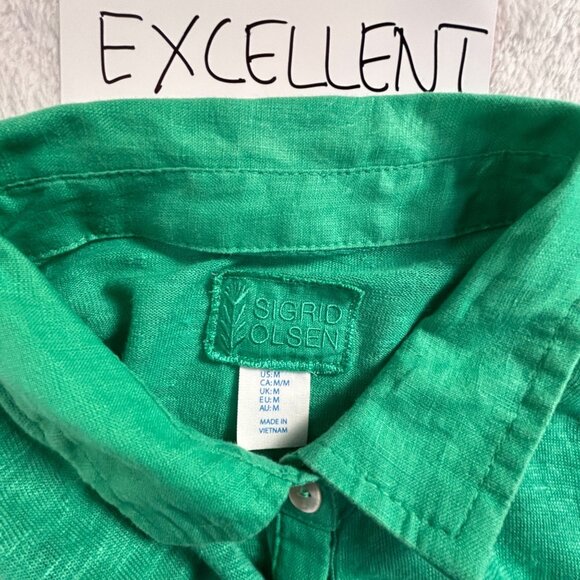 Sigrid Olsen Womens Green Linen Long Sleeve Button-Up Shirt Medium Casual Pocket - Picture 3 of 7
